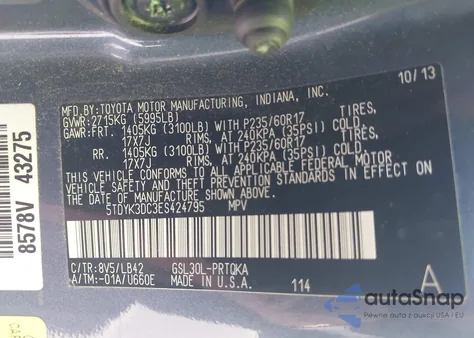 2014 Toyota Sienna Xle V6 8 Passenger from USA, damaged, VIN 5TDYK3DC3ES424795